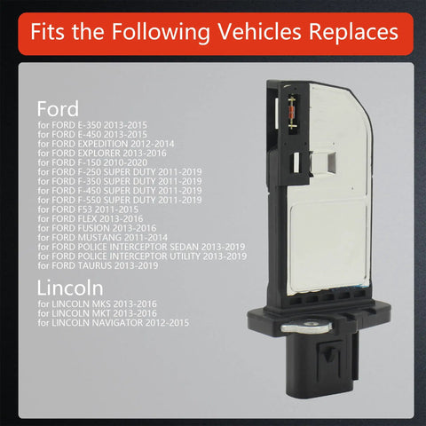 Mass Air Flow Sensor For Ford F-150 F-250 F-350 Mustang Explorer Taurus Lincoln Navigator MKS MKT 2011-2016 Replacement OE BR3Z 12B579-A Drop-In Easy Install Fit diagram