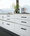 30 Pack Matte Black Stainless Steel Cabinet Pulls Center To Center 5 Inch for modern kitchen cabinets installed on white drawers