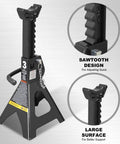 Beefy 3 Ton Double Locking Steel Jack Stands Set 2 Pack Black Heavy Duty Vehicle Lifting Supports shown with sawtooth design