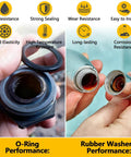 Close-up of O-rings sealing performance and rubber washers in All In One Plumbing Repair Kit With 1075 Pieces And 37 Sizes.