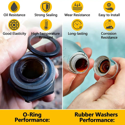 Close-up of O-rings sealing performance and rubber washers in All In One Plumbing Repair Kit With 1075 Pieces And 37 Sizes.