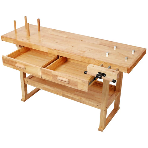 60 Inch Solid Rubberwood Workbench With Two Smooth Sliding Drawers And A Wide Open Bottom Shelf For Tidy Tool Storage And An Ultra Organized Workshop