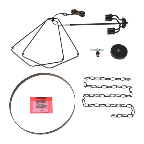 Farmhouse Rustic Black Chandelier parts showing durable metal frame, chains, and wiring for dining room living room bedroom kitchen island.