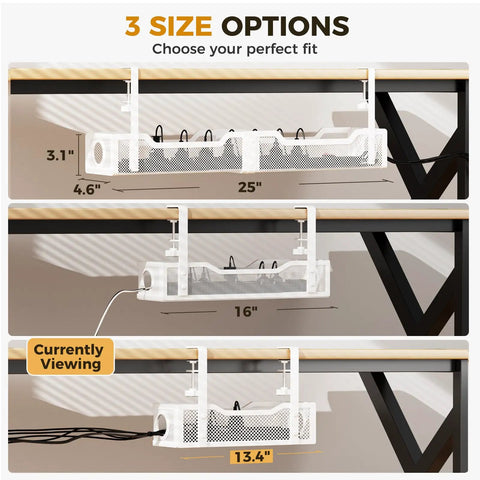 Three size options for Under Desk Cable Management Tray White Clamp On No Drill Wire Organizer For Office And Home