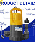 1 HP Submersible Sump Pump With 4345 GPH High Flow For Quick Water Removal, thermally protected motor, portable handle, cord