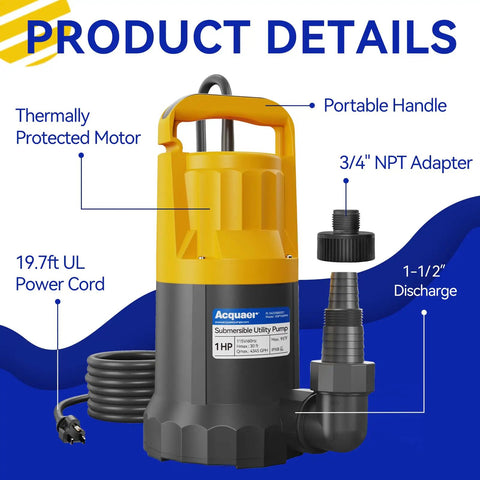 1 HP Submersible Sump Pump With 4345 GPH High Flow For Quick Water Removal, thermally protected motor, portable handle, cord