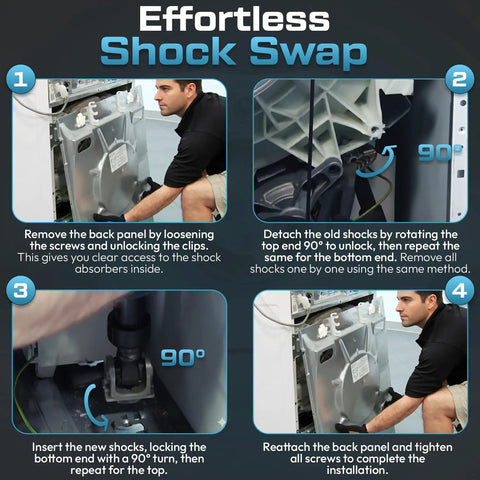 Step-by-step image guide for Washer Shock Absorber Replacement Kit 383EER3001E for front load washers installation.