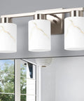Heavy Duty 3 Light Bathroom Vanity Lights Brushed Nickel Wall Sconce With Striking White Marble Glass Shade, overhead view with mirror.