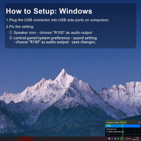 Instructions on setting up R100 Bluetooth Computer Speakers with USB on Windows against mountain background.