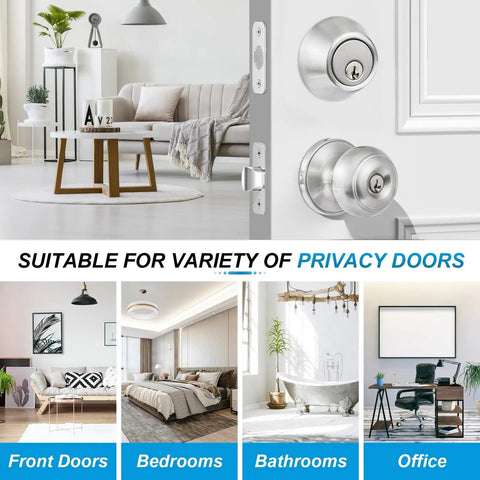 4 Pack Exterior Door Lock Set With Satin Nickel Knobs And Deadbolts installed on doors in living room, bedroom, bathroom, and office.