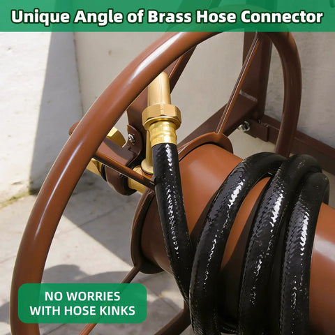 Wall Mounted Garden Hose Reel with brass fittings, heavy duty metal hose organizer for 155 feet of 5/8 inch hose.