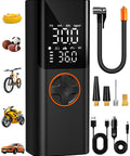 Portable Tire Inflator Air Compressor With 150 PSI Cordless Convenience On The Go USB Output Dual Power 6000mAh Battery 12V DC Car Plug Fast Inflation For Cars, Bikes, Motorcycles And Sports Balls display with accessories.