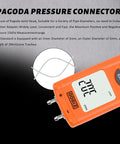 Digital Manometer For Air And Gas Pressure Testing With Dual Port Differential Gauge, large backlit LCD display, orange casing.