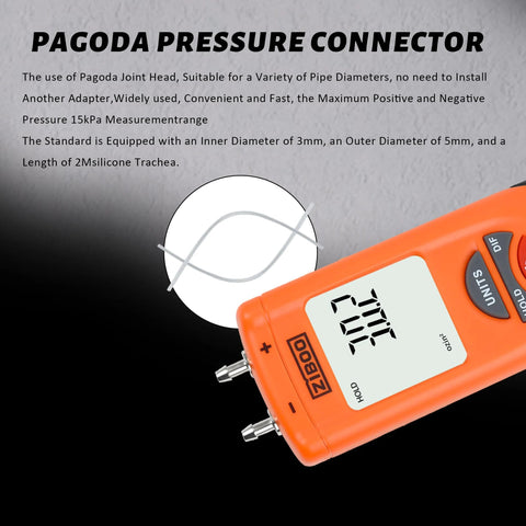 Digital Manometer For Air And Gas Pressure Testing With Dual Port Differential Gauge, large backlit LCD display, orange casing.