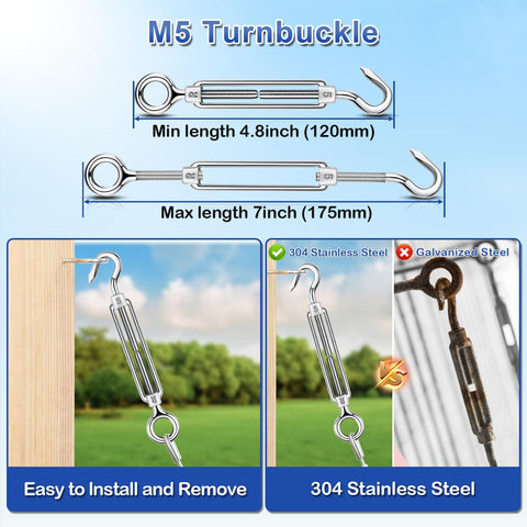 M5 Turnbuckles showing adjustable lengths, 304 stainless steel for Turnbuckle Wire Tensioner Kit 100 Feet Vinyl Coated Stainless Steel Cable One Sixteenth Inch