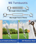 M5 turnbuckle from All In One One Sixteenth Inch Vinyl Coated Stainless Wire Rope Kit, shown with installation examples on wood and steel.