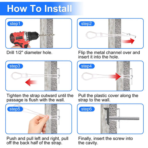 8Pack Heavy Duty Drywall Anchors Kit With One Fourth Twenty Toggle Bolts For Drywall And Hollow Walls Ideal For Mounting TVs And Cabinets Delivers Rock Solid Hold And Easy Install For Secure Hangs. Installation steps, 1/2-inch hole and toggle bolt.