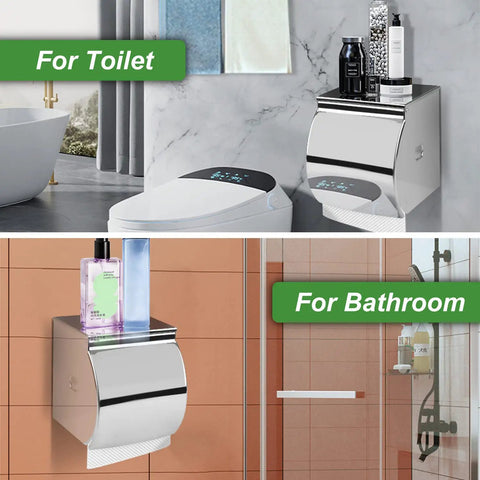 No Drill Stainless Steel Toilet Paper Holder With Shelf And Storage Box Waterproof SUS304 Cat And Dog Proof in bathroom
