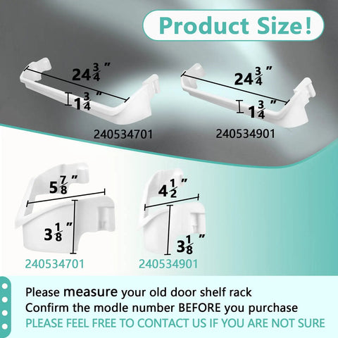 Image showing three pack refrigerator door shelf retainer bars replacement sizes, includes parts 240534901 and 240534701.