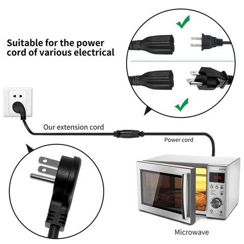 Space Saving Flat Plug Extension Cord One Foot With 90 Degree Grounded Plug Three Prong Short Flat Wall Cable connected to microwave