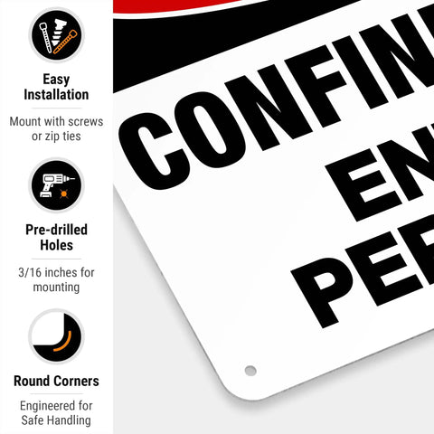 Close-up of Confined Space safety sign with pre-drilled holes, showcasing rugged aluminum for harsh site conditions.