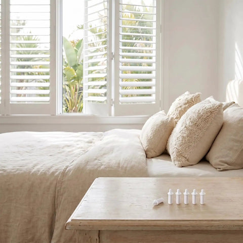 Rock Solid Plantation Shutter Repair Kit Including Forty Premium Quality PP Plastic Shutter Pins For Super Smooth Window Blinds Fixes And Total Home Refresh Sets arranged on a bedside table.