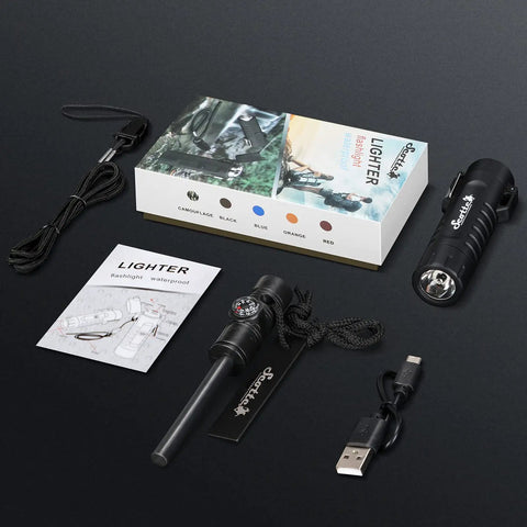 Windproof Plasma Arc Lighter And LED Flashlight 2 In 1 For Camping Hiking And Emergencies With A 5 In 1 Magnesium Fire Starter kit