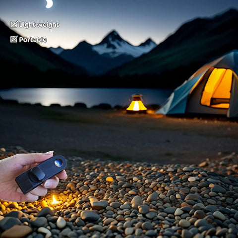 Night camping scene with a hand holding Heavy Duty Windproof Tent Clips With Anti Slip Teeth For Camping And Tarp Setups
