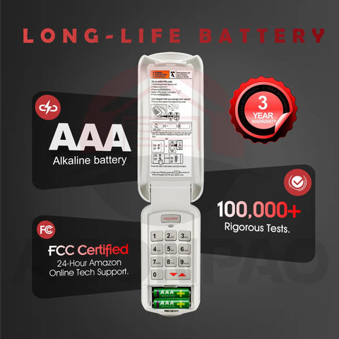 Wireless Overhead Door Opener Keypad For OKP BX with open battery cover showing AAA alkaline batteries and keypad details