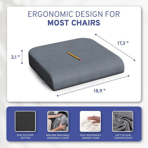 Extra Large Memory Foam Seat Cushion for Recliner, Wheelchair, Office Chair, Stadium Bleachers, Car and Patio Furniture, 19x17x3 Inches, Firm Support for Bariatric Comfort and Posture shown with dimensions