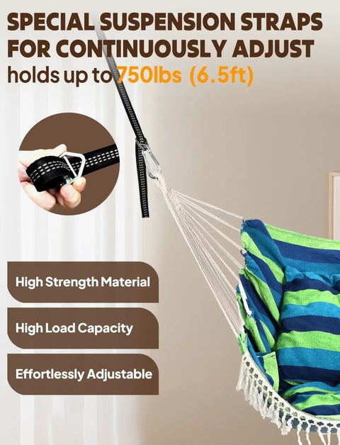 Hammock Chair Swing With Cushions Included Cozy And Chill, Easy Hanging With Strong Webbing Straps And Hooks, max 750lbs capacity