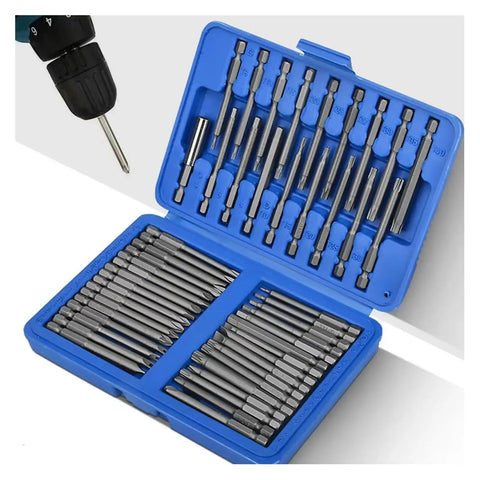 Premium 50 Piece Extra Long Screwdriver Bit Set With Comfortable Handle Featuring Torx Star Hex Spline Tips Perfect For Daily Repairs Picture Hanging And Minor Plumbing Jobs In A Reinforced Toolbox. Blue case with extra-long screwdriver bits and handle