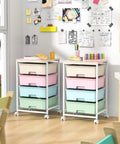 Rolling Storage Cart With Four Large Drawers And Wooden Top, Durable Powder-Coated Mobile Utility Cart On Wheels For Kitchen, Office, Garage, Or Craft Room Organization With Easy Access Storage, Rainbow Finish, shown in craft room with colorful drawers