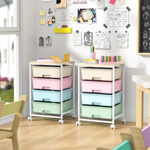 Rolling Storage Cart With Four Large Drawers And Wooden Top, Durable Powder-Coated Mobile Utility Cart On Wheels For Kitchen, Office, Garage, Or Craft Room Organization With Easy Access Storage, Rainbow Finish, shown in craft room with colorful drawers