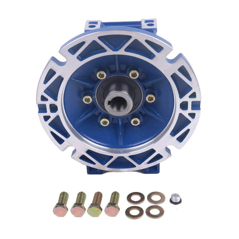 Front view of blue HOLDWELL MRV050 worm gear speed reducer (30:1, 56C) with four mounting bolts and washers
