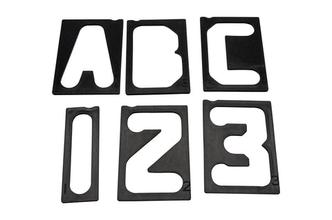 Top Tier 41 Piece Router Template Set With Self Spacing 2.5 Inch Alphabet Characters featuring letters A, B, C and numbers 1, 2, 3