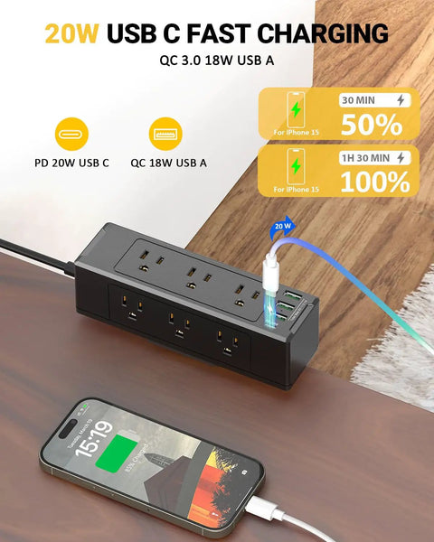 Desk Clamp Power Strip With USB C And USB Ports, 9 AC Outlets Plus Surge Protector, demonstrates USB-C charging on desk surface
