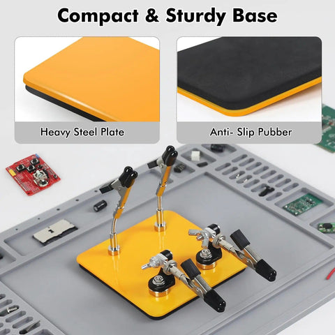 Helping Hands Soldering Station with 3.9x3.9 inch yellow base, clamps, and magnetic arms for PCB holding and electronics repair.