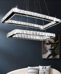 Modern Crystal Chandelier With Rectangular Double Ring LED Pendant Light 6000K Cool White Non Dimmable Height Adjustable Hanging Fixture