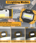 LED Work Light With Rechargeable Battery And Magnetic Stand On The Go Waterproof Portable Flood Light For Job Sites Camping Fishing Hiking And Car Inspections Emergency Mode Two Pack with 3 lighting modes displayed.