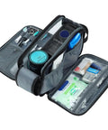 Open black Travel Toiletry Bag For Men - Water-Resistant Double-Sided Full-Open Dopp Kit with toiletries inside, extra large size