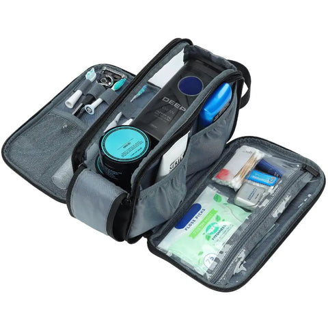 Open black Travel Toiletry Bag For Men - Water-Resistant Double-Sided Full-Open Dopp Kit with toiletries inside, extra large size