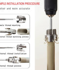 Dual Function Pipe Threading Tool Kit With Easy Flip Dual Head Design For Internal And External Threads On PVC Pipes One Half Inch Three Quarter Inch And One Inch Electric Drill Compatible Three Piece Integrated Head Set showing installation