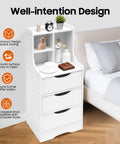 Vertical Bedside Cabinet With Three Drawers And Open Storage Shelf Nightstand End Table For Bedroom White next to bed