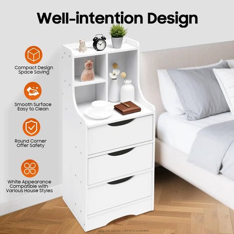 Vertical Bedside Cabinet With Three Drawers And Open Storage Shelf Nightstand End Table For Bedroom White next to bed
