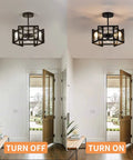 Semi Flush Mount Ceiling Light Fixture, 3-Light Black Industrial Style for hallway entrance turned on and off view.