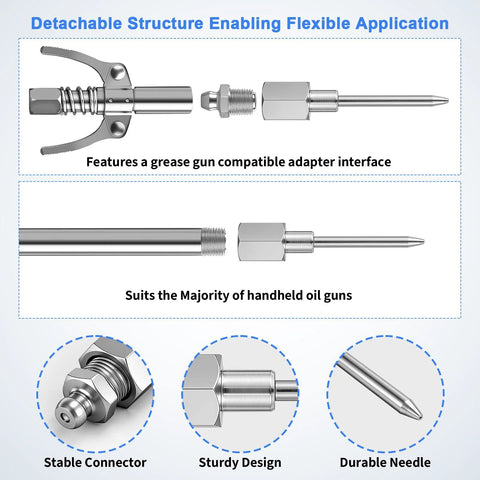 Grease gun needle tip 5-piece metal set with dispenser, rubber joint, detachable needle, and two nozzle tips