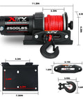 2500lbs 12V Electric Winch With Integrated Remote Control And Control Box For ATV UTV Boat Trailer Nylon Synthetic Rope Beefy Copper Motor For Smooth Long Lasting Performance And Easy Install. front view with red rope and hook