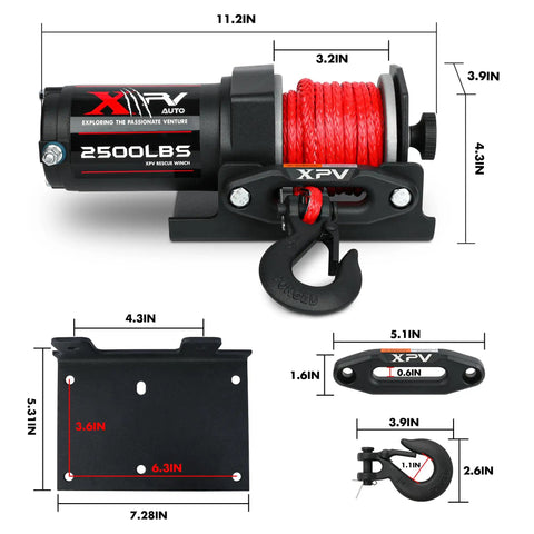 2500lbs 12V Electric Winch With Integrated Remote Control And Control Box For ATV UTV Boat Trailer Nylon Synthetic Rope Beefy Copper Motor For Smooth Long Lasting Performance And Easy Install. front view with red rope and hook