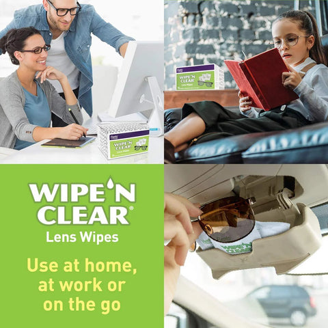 Flents Wipe N Clear Lens Wipes box on desk; green packaging for glasses cleaning